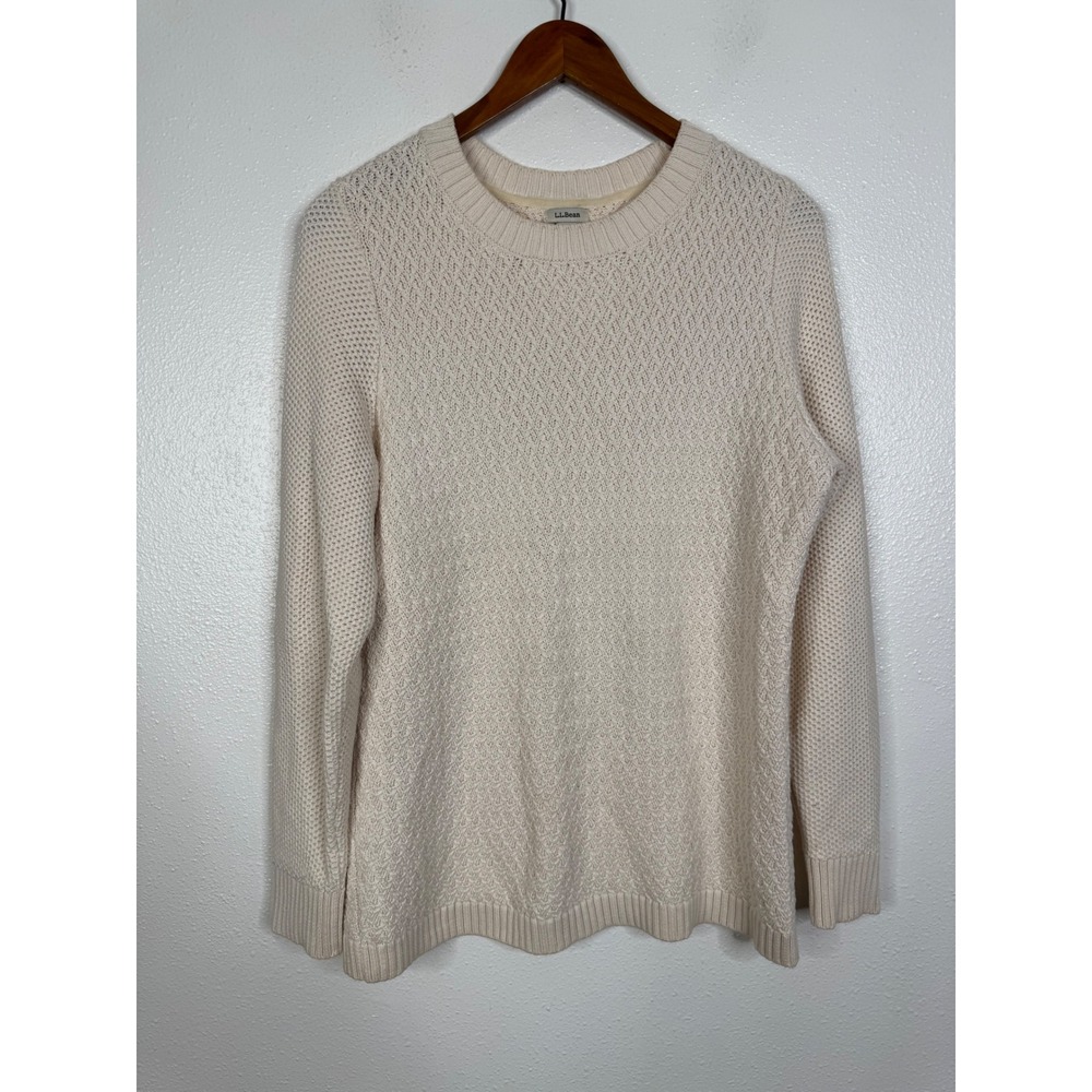 LL Bean Womens‎ Cream Cotton Textured Diamond Knit Crewneck Sweater 290401 Large